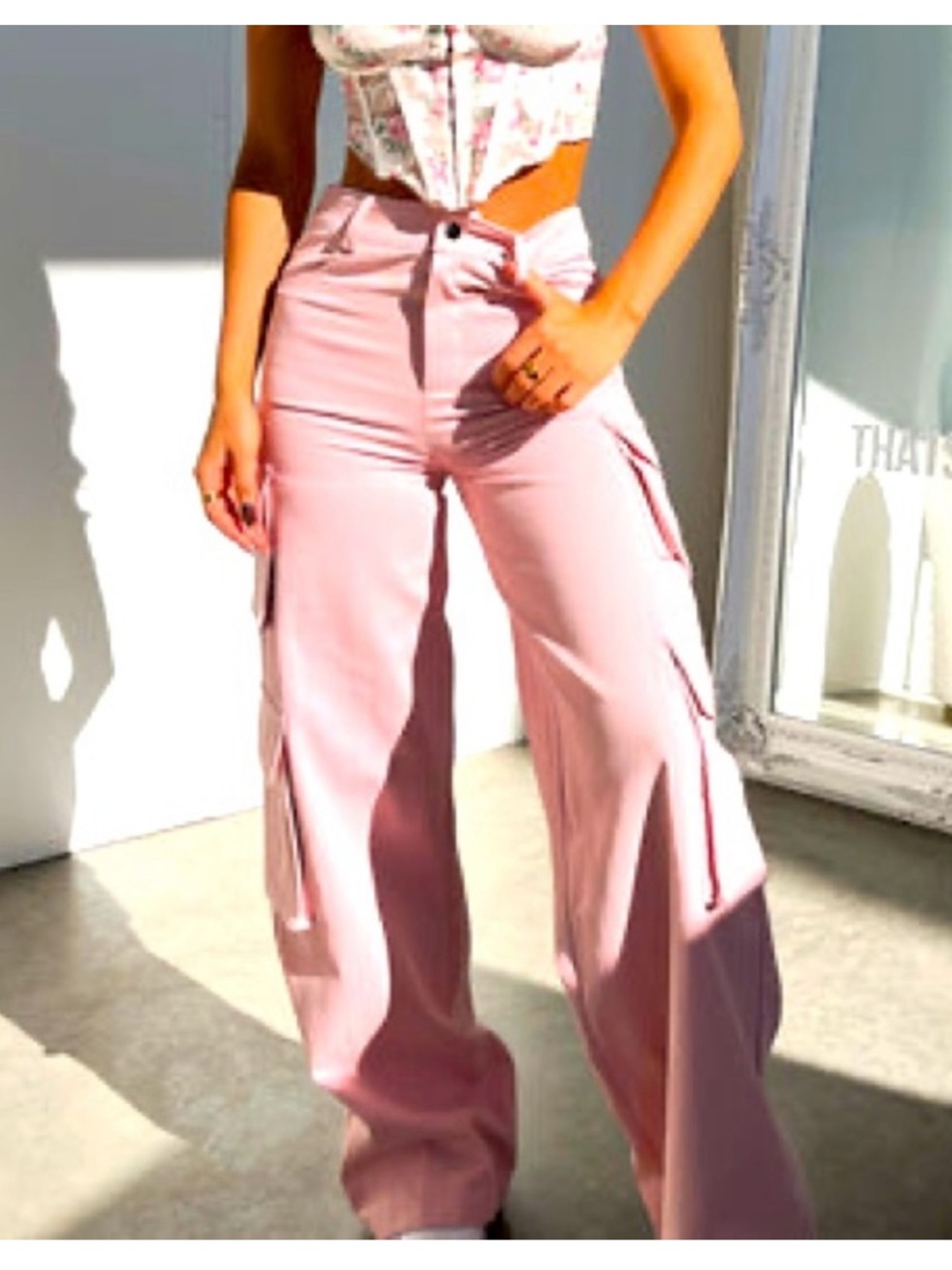 High-Rise Pink Wide-Leg Cargo Pants - Picture 1 of 4